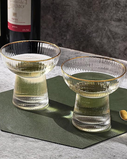 Lysenn Stemless Margarita Glasses Set of 4 - Elegant Vertical Stripes Cocktail Glasses – Premium Hand Blown Glassware for Martini and Mixed Drinks – 10 oz Gold Rim
