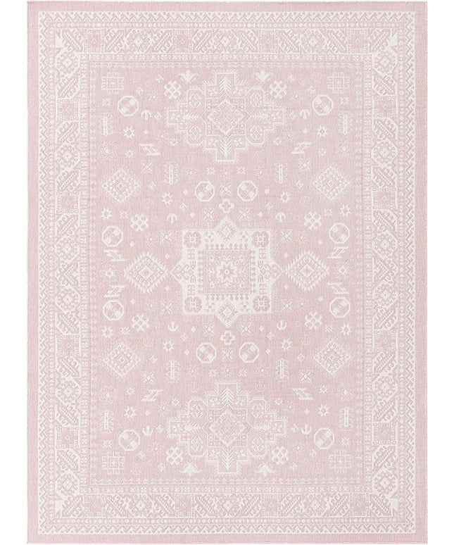 Rugs.com Outdoor Aztec Collection Rug – 8' x 11' Pink Flatweave Rug Perfect for Living Rooms, Large Dining Rooms, Open Floorplans