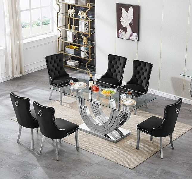 Henf 7-Piece Glass Dining Table Set with 6 Upholstered Dining Chairs, Large Dining Table and Chair Set for 6, Modern Glass Kitchen Table Furniture for Dining Room, U Shape Stainless Steel Pesestal