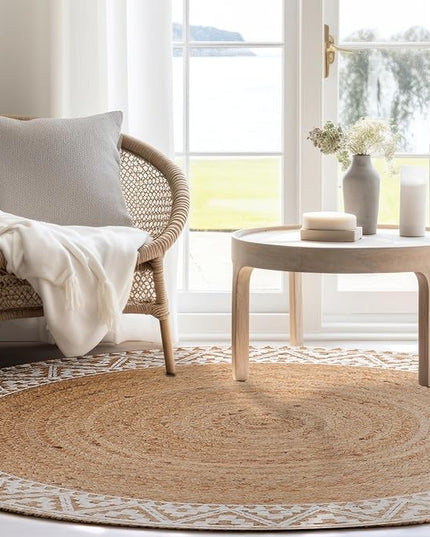 voyzz home Premium Natural Jute Braided Area Rug, 3-feet Round, White Printed Border, Stain Resistance, Natural Handmade Rug for Entryways, Living Room, Dining Room, Bedroom, Farmhouse, Kitchen
