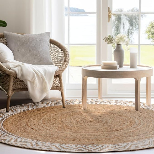 voyzz home Premium Natural Jute Braided Area Rug, 4-feet Round, White Printed Border, Stain Resistance, Natural Handmade Rug for Entryways, Living Room, Dining Room, Bedroom, Farmhouse, Kitchen