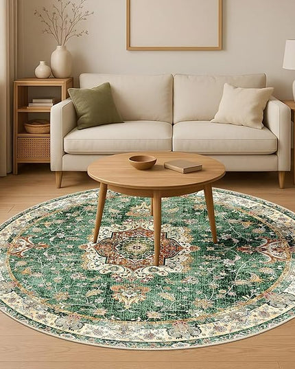 Green Round Rug 6ft,Large Circle Area Rugs for Living Room Bedroom Dining Room,Washable Boho Vintage Bohemian Distressed Oriental Floral Carpet Non Slip,Retro Sage Floral
