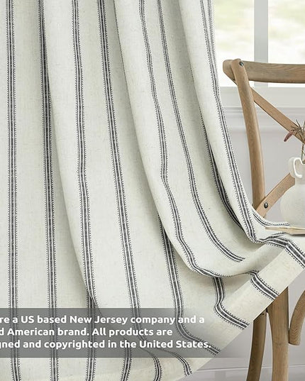 DriftAway Farmhouse Linen Blend Blackout Curtains 96 Inches Long for Bedroom Vertical Striped Printed Linen Curtains Thermal Insulated Lined Treatments for Living Room 2 Panels W52 x L96 Black