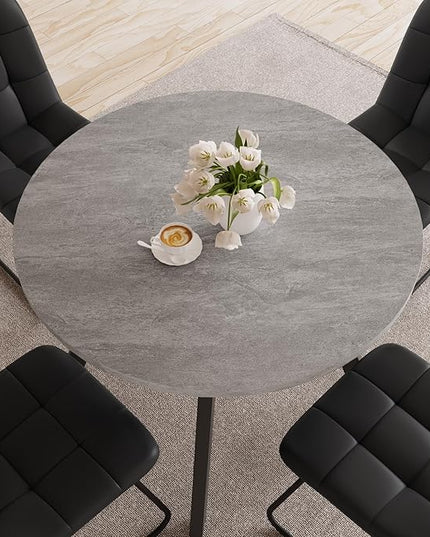 34.6'' Dining Table and Chairs for 4, Mid Century Modern Round Table Set, Space Saving for Apartment Kitchen Dining Room (Grey Table+4 U-Shaped Black Chairs)
