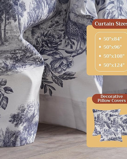Maison d' Hermine Curtains for Living Room 100% Cotton 96 inch Length One Panel Light Filtering Toile Curtains for Bedroom Windows with Rod and Loop Pockets Drapes (Trianon Blue, 50" W x 96" L)