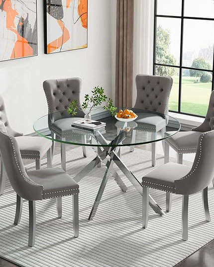 HomVent 7 Piece Round Glass Dining Table Set, Tempered Glass Dinner Table Set for 6 Kitchen Table Set with 6 Velvet Upholstered Chairs for Kitchen Dining Room