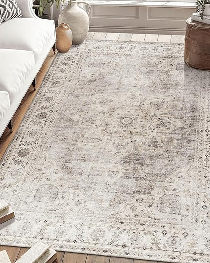ReaLife Rugs Machine Washable Area Rug - Stain Resistant,Non-Shed - Eco-Friendly,Non-Slip, Family & Pet Friendly - Made from Premium Recycled Fiber - Vintage Bohemian Medallion - Beige Ivory, 3' x 5'