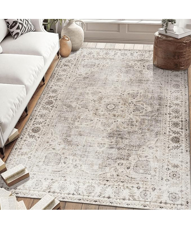 ReaLife Rugs Machine Washable Area Rug - Living Room Bedroom Bathroom Kitchen Entryway Office - Padded Low Pile Stain Resistant Premium - Boho Farmhouse Vintage - Joy - Beige Ivory 5' x 7'