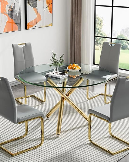 HomVent Round Glass Dining Table Set for 4, 5-Piece Modern Kitchen Table Set with 4 PU Upholstered Chair for Kitchen Dining Room, Glass Dining Room Table Set