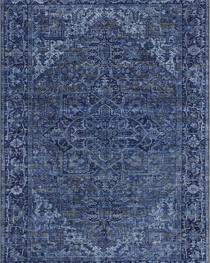 ReaLife Rugs Machine Washable Area Rug - Living Room Bedroom Bathroom Kitchen Entryway Office - Padded Low Pile Stain Resistant Premium - Boho Vintage Traditional - Lyle - Blue 7'6" x 9'6"