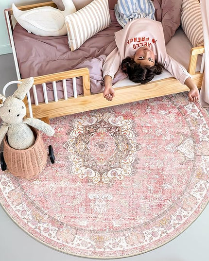 Pink Round Rug 4ft, Circle Washable Area Rugs for Bedroom Bathroom Entryway Kitchen, Small Boho Vintage Bohemian Distressed Oriental Floral Carpet Non Slip,Blush Floral Flowers