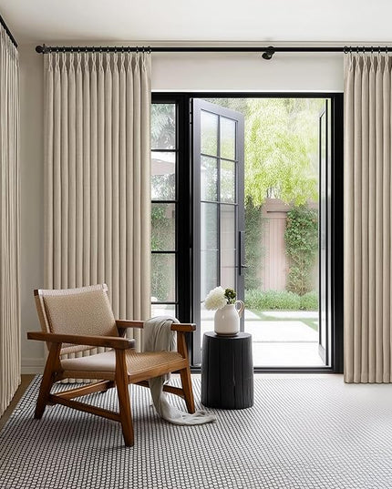 Burlywood Birch 70 Inch Extra Wide Blackout Curtains 120 Inches Long for Living Room, Memory Shape Pinch Pleated Insulated Noise Reducing Double Layer Heavy Linen Decorative Window Curtain 2 Panel Set