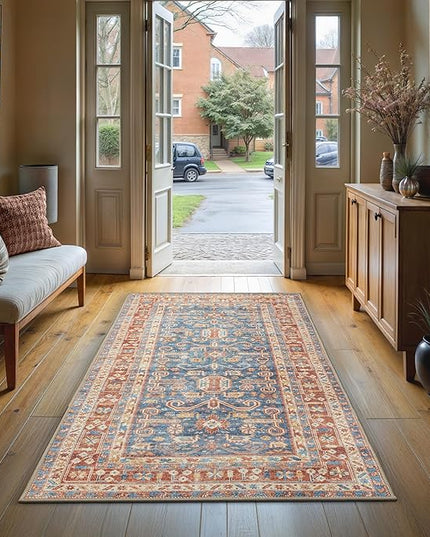 GLN Rugs Traditional Collection - Machine Washable Area Rug, Traditional Washable, Non Slip, Low Pile Chenille Rug, Living Room, Bedroom, Kitchen Rug (2'6"x7' Terra and Blue)