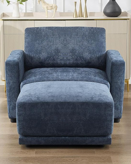 44.2" Chenille Oversized Chair with Movable Ottoman, Modular 1 Seat Couch with Thickened Cushions, Modern Single Sofa Chaise Lounge Reading Chair for Living Room, Small Apartment, Blue
