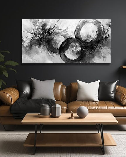JuhaiArt Black Wall Art Large Abstract Picture Wall Decor White Canvas Art Circle Modern Artwork for Living Room Office 24"x 48"
