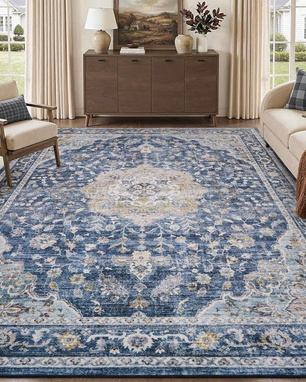 PADOOR-Vintage Area Rug 6X9 Rugs for Living Room-Soft Blue Rugs for Bedroom-Machine Washable Rugs Non Slip Carpet-Rug for Dining Room Living Room Bedside Office