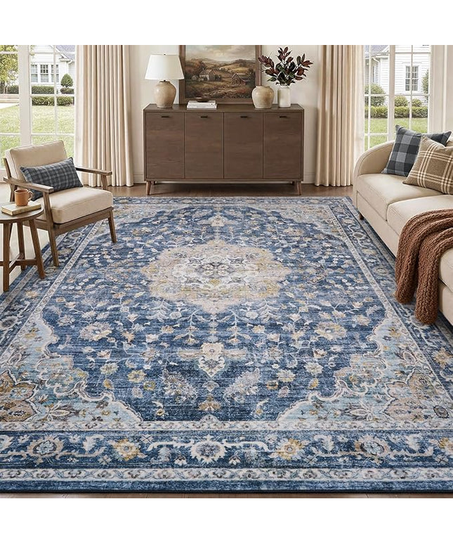 PADOOR-Vintage Area Rug 8X10 Rugs for Living Room-Soft Blue Rugs for Bedroom-Machine Washable Rug Non Slip Carpet-Rug for Dining Room Living Room Bedside Office