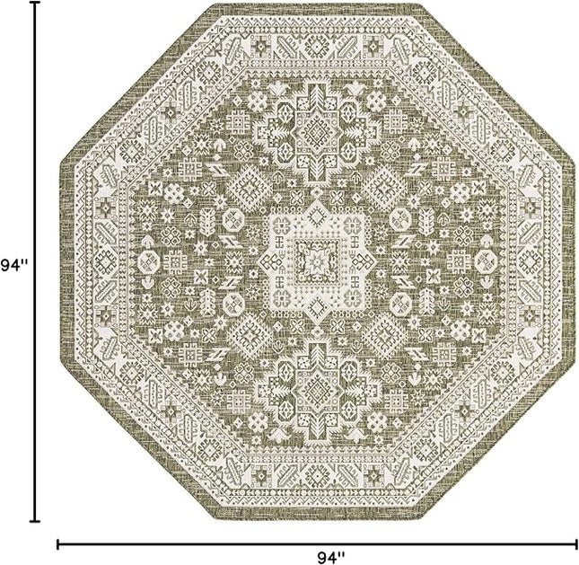 Rugs.com Outdoor Aztec Collection Rug – 8 Ft Octagon Green Flatweave Rug Perfect for Living Rooms, Kitchens, Entryways
