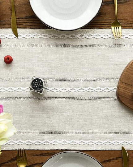 Artoid Mode Beige Rustic Cotton Linen Table Runner, Seasonal Embroidered Hollow Kitchen Dining Table Decoration for Home Party Decor 13x60 Inch