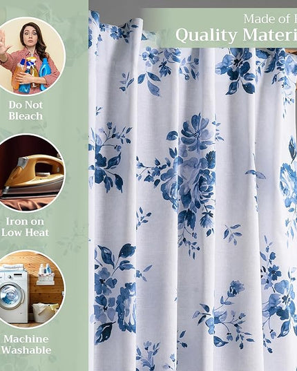 Maison d'Hermine Curtains for Living Room 100% Cotton 84 inch Length Two Panels Window Curtains for Bedroom with Loop & Rod Pockets - Rose Garden - Blue, 50" W x 84" L