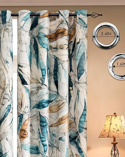 SUBRTEX Light Flitering Curtains 52Wx84L, Room Darkening Vibrant Floral Drapes, 50% Blackout, Semi Sheer Boho Farmhouse Curtains for Living Room, Blue