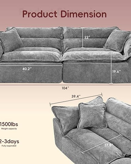 Hobestluk 104" Sectional Sofa Couches 3 Seater Modular Sofa, Boneless Couch, Cloud Couch with Removable Cushion, Modular Sectional Couches for Living Room(Grey)