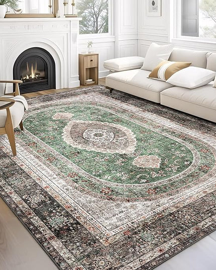 8x10 Area Rugs Washable,Green Rug for Living Room Bedroom Dining Room,Large Boho Vintage Bohemian Distressed Oriental Carpet Non Slip