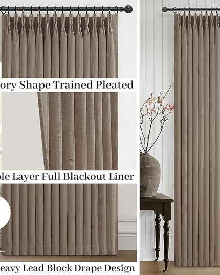 Textured Linen Blackout Curtains 90 Inches Long for Dining Room, Pleat Dark Flax Thermal Insulated Window Drapes Room Darkening Floor Length 90 Inch Curtain 2 Panel Set with Metal Rings