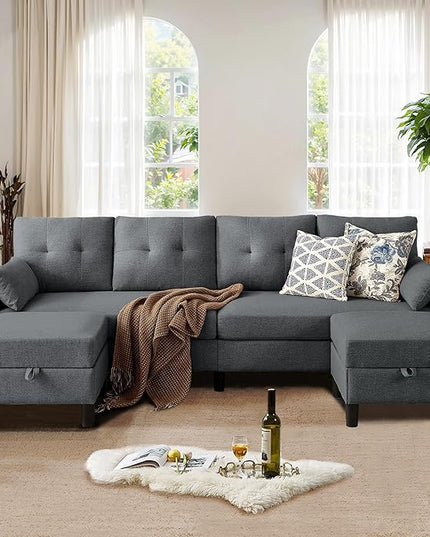 101" Sectional Sofa 4 Seat U Shaped Couch with Storage Ottoman for Living Room, Reception Room ect, Combination Sectional Couch with Movable Ottoman Sets, Darkgrey