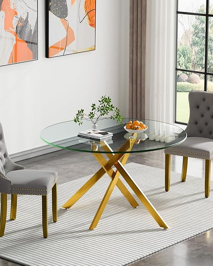 HomVent 3 Piece Round Glass Dining Table Set, Tempered Glass Dinner Table Set for 2 Kitchen Table Set with 2 Velvet Upholstered Chairs for Kitchen Dining Room