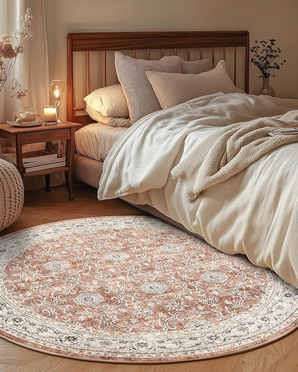 jinchan Round Rug 6ft Washable Circle Soft Rug - Low Pile Vintage 6'Round Indoor Orange Floral Print Stain Resistant Boho Carpet Ultra-Thin Non-Slip for Living Room Nursery Bedroom Dining Room Kitchen