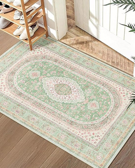 Small Rugs 2x3,Green Rug for Entryway Bathroom Bedroom Kitchen Entrance Doormat,Boho Vintage Bohemian Distressed Washable Oriental Accent Floor Throw Carpet Non Slip,Sage Blush Floral