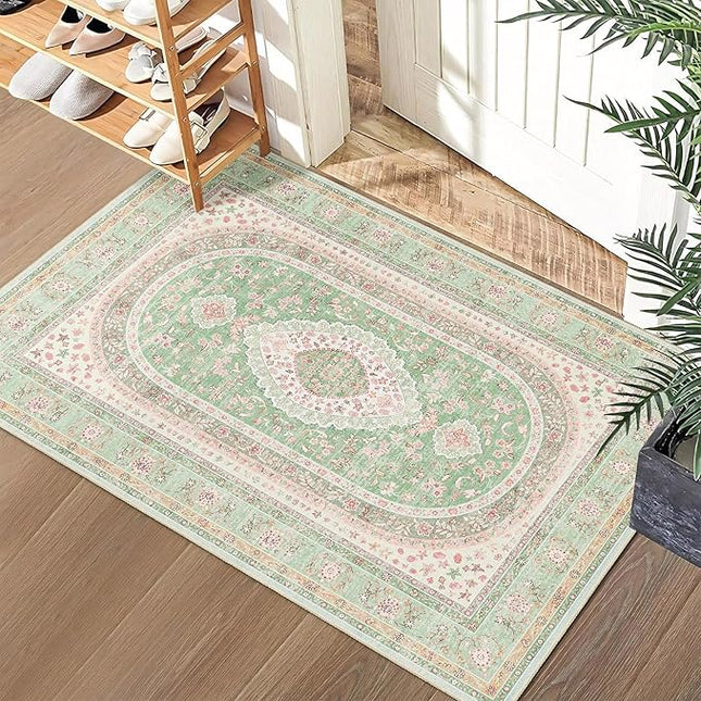 Small Rugs 2x3,Green Rug for Entryway Bathroom Bedroom Kitchen Entrance Doormat,Boho Vintage Bohemian Distressed Washable Oriental Accent Floor Throw Carpet Non Slip,Sage Blush Floral