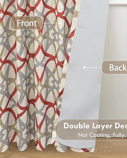 DriftAway Alexander 100% Blackout Curtains for Living Room Linen Blend Pattern Match Thermal Insulated Room Darkening Geo Moroccan Mid Century Back Tab Bedroom Drapes 2 Panels 52 x 96 Inch Linen Red