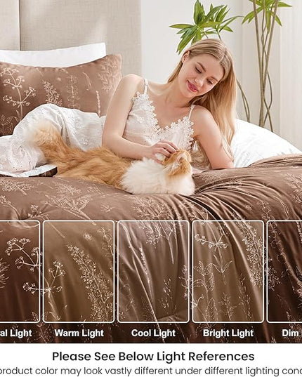 Love's cabin Chocolate Full Comforter Set - Full Size Comforter Set, 3 Pieces Cute Floral Bedding Sets for All Seasons,1 Soft Reversible Botanical Flowers Comforter and 2 Pillow Shams