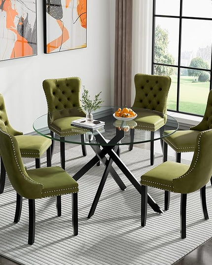 HomVent 7 Piece Round Glass Dining Table Set, Tempered Glass Dinner Table Set for 6 Kitchen Table Set with 6 Velvet Upholstered Chairs for Kitchen Dining Room