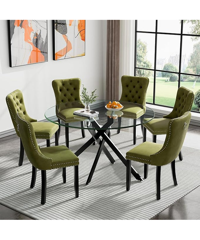 HomVent 7 Piece Round Glass Dining Table Set, Tempered Glass Dinner Table Set for 6 Kitchen Table Set with 6 Velvet Upholstered Chairs for Kitchen Dining Room