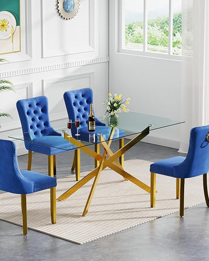 HomVent 5 Piece Rectangular Glass Dining Table Set, Tempered Glass Dinner Table Set for 4 Kitchen Table Set with 4 Velvet Upholstered Chairs for Kitchen Dining Room