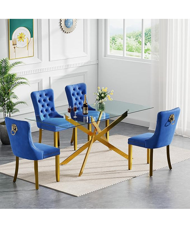 Modern 5-Piece Glass Dining Table Set for 4, Modern 60" Rectangle Gold Glass Dining Room Table Set with Blue Velvet Tufted Chairs Wood Legs for Kitchen Dining Room