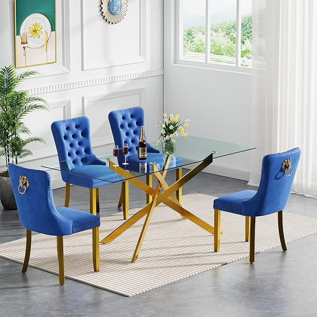 HomVent 5 Piece Rectangular Glass Dining Table Set, Tempered Glass Dinner Table Set for 4 Kitchen Table Set with 4 Velvet Upholstered Chairs for Kitchen Dining Room