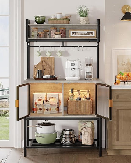 Bestier Coffee Bar with Storage, 5 Tier Microwave Stand with LED Lights, Kitchen Bakers Rack with Cabinet, Heavy Duty Storage Shelves for Kitchen Garage Pantry(Retro Grey Oak Light)