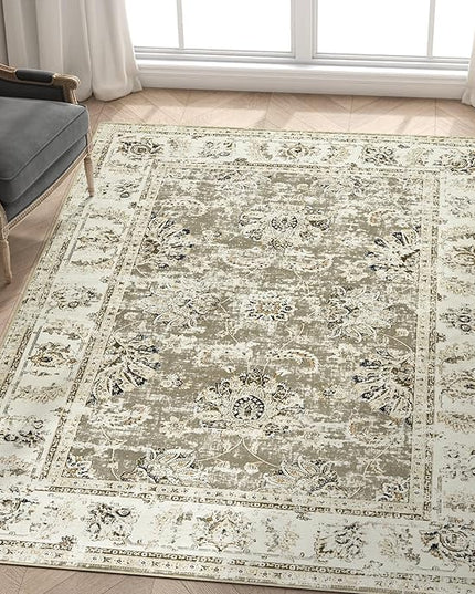 jinchan Fiora Washable Area Rug 4x6 Ultra-Thin Low Pile Non Slip Stain Resistant Soft Faux Wool Floral Rug Distressed Boho Vintage Carpet for Bedroom, Living Room, Kitchen, Nursery(Taupe, 4' x 6')
