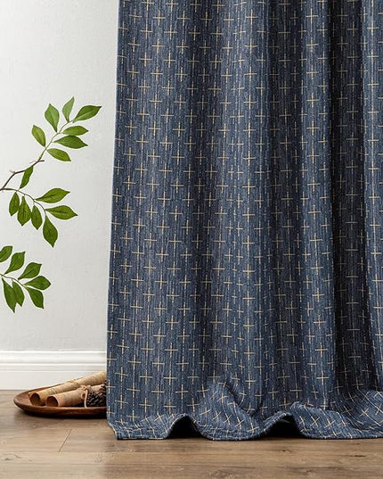 MIULEE Decorative Back Tab Linen Curtains with Geometric Pattern for Living Room Bedroom Farmhouse Rustic Thick Woven Textured Patterned Mudcloth Drapes 96 Inches Long 2 Panels Set, Blue