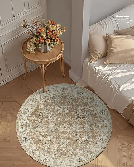 jinchan Fiora Round Rug 5ft Area Rug - Indoor Vintage Hallway Circle 5' Washable - Ultra-Thin Low Pile Soft Small Non Slip Distressed Floral Print for Living Room Dining Room Bedroom Entryway Taupe