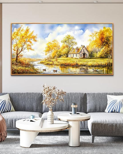 ERQINHUA Large Wall Art For Living Room Canvas Wall Decor For Bedroom Office Dining Room Yellow Pastoral Creek Landscape Painting Prints Pictures Farmhouse Home Wall Decoration 30"x60" Wood Frame