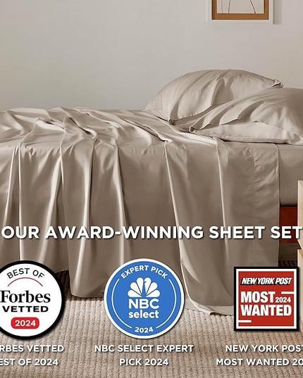 Bedsure Queen Sheet Set, Rayon Derived from Bamboo, Cooling Sheets, Breathable & Soft, Deep Pocket Up to 16 Inches, Hotel Luxury Silky Bedding for Hot Sleepers, Simply Taupe