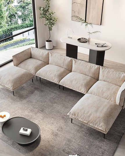 WJShome 147" Modern U-Shaped Couch for Living Room,Velvet Modular Sectional Sofa with Chaise,4-Seater Sofa with 2 Ottomans with Removable Cushions and 8" High Metal Legs, Easy to Clean, Oatmeal