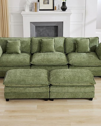 111'' Sectional Cloud Deep Seat Couch, Oversized Chenille U Shaped Sectional Sofa for Living Room Set, Comfy Upholstered Modular 3-Seats Sectional Sofa Couch with 2 Movable Ottoman, Green
