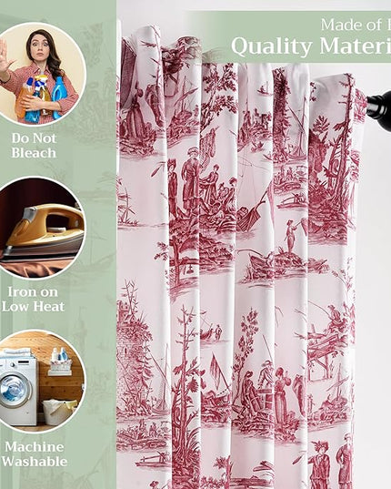 Maison d' Hermine Curtains for Living Room 100% Cotton 96 inch Length One Panel Light Filtering Toile Curtains for Bedroom with Rod and Loop Pockets (Calais Red (White Background), 50" W x 96" L)