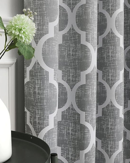 Beauoop 100% Blackout Curtains 45 Inches Long 2 Panels for Bedroom Living Room Grey Moroccan Geo Room Darkening Thermal Insulated Soundproof Grommet Top Window Treatments Drapes, 50x45 Set of 2